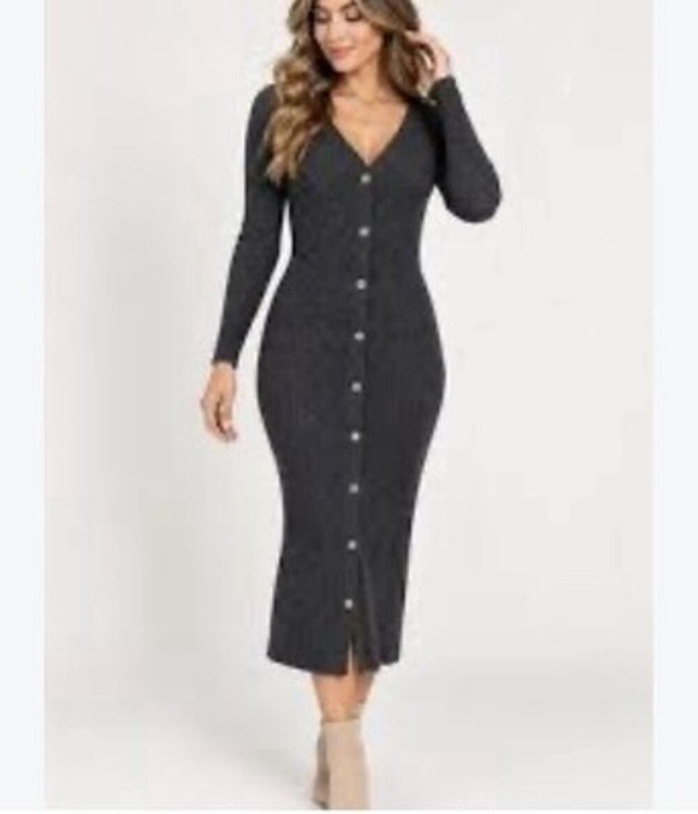 Abercrombie & Fitch Dress Womens Small Gray Ribbed Button Front Long Sleeve Midi